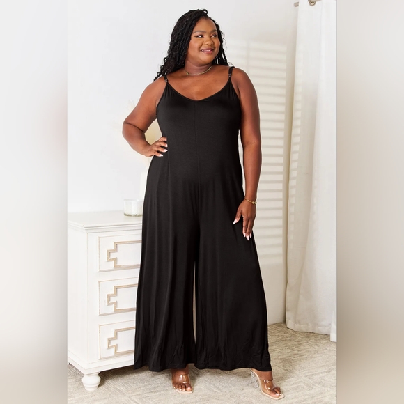 Double Take Full Size Soft Rayon Spaghetti Strap Tied Wide Leg Jumpsuit - Picture 2 of 6